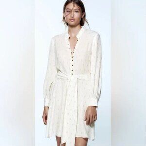 Zara White & Gold Metallic Thread Long Sleeve Button Up Mini Dress - Size MEDIUM